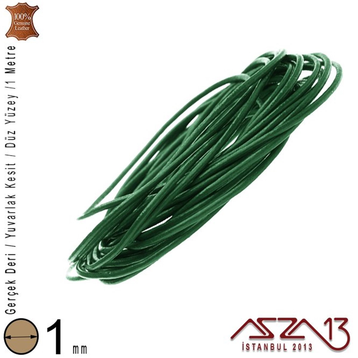 Gerçek Deri - 1 mm - Yeşil - Düz Yüzey - Yuvarlak Kesit - Kordon / 1 Metre