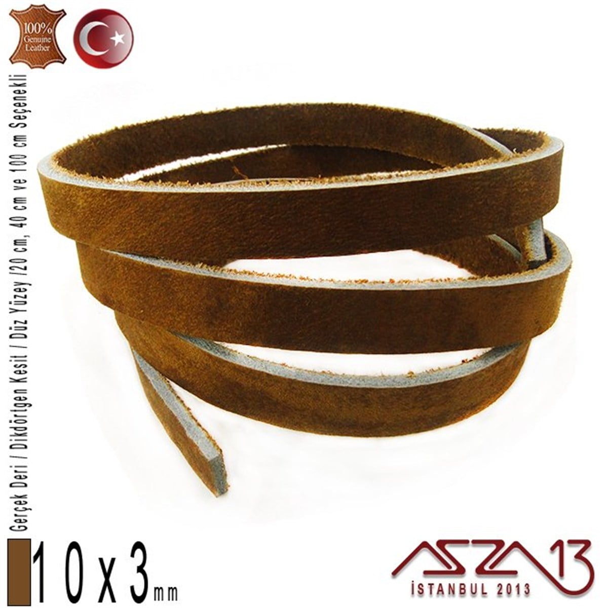 Gerçek Deri - 10x3 mm - Antik Kahve - Düz Yüzey - Dikdörtgen Kesit Kordon / 20 cm - 40 cm - 100 cm