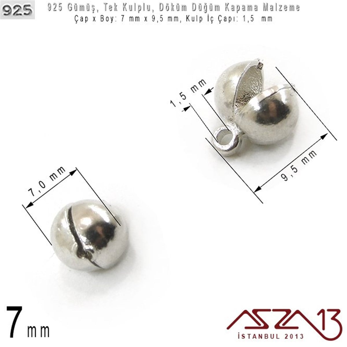 925 Ayar - 7,0 mm Çapında Yuvarlak - Döküm Düğüm Kapama / 2 Adet