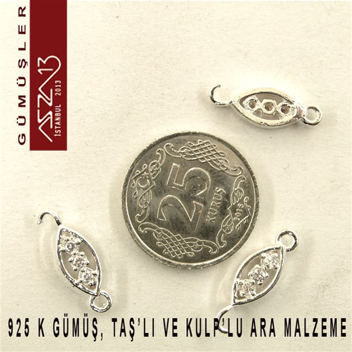 925 K Gümüş 16x6x/3 mm Çift Kulplu Ara Malzeme / Paket İçeriği 3 Adet