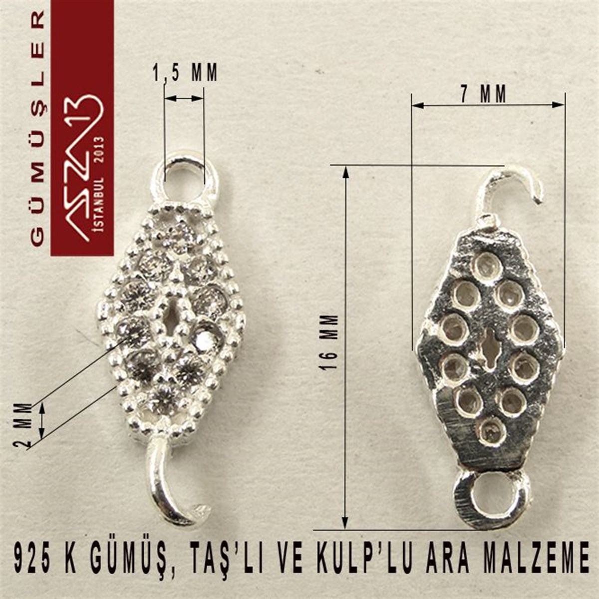 925 K Gümüş 16x7x/2 mm Çift Kulplu Ara Malzeme / Paket İçeriği 3 Adet