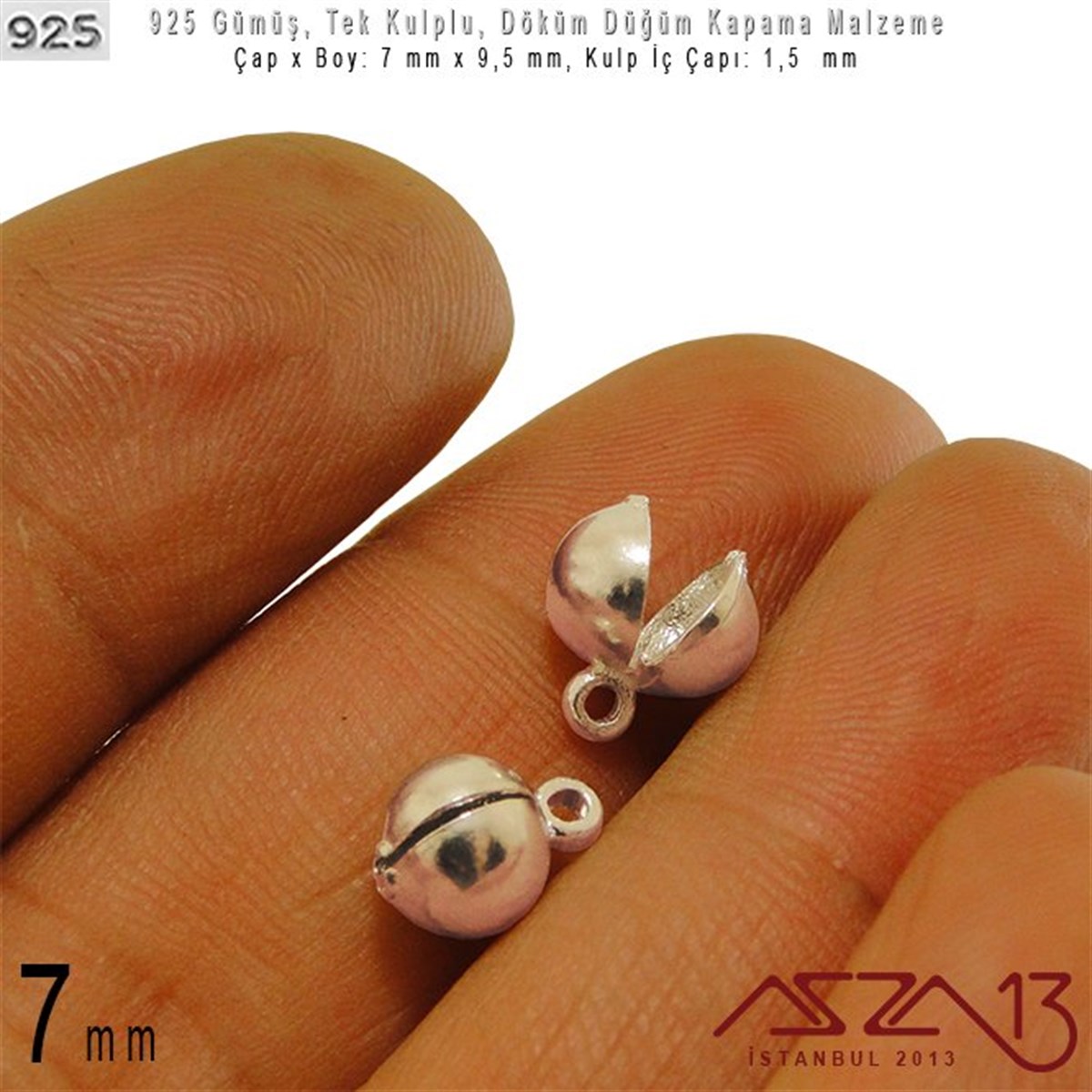 925 Ayar - 7,0 mm Çapında Yuvarlak - Döküm Düğüm Kapama / 2 Adet