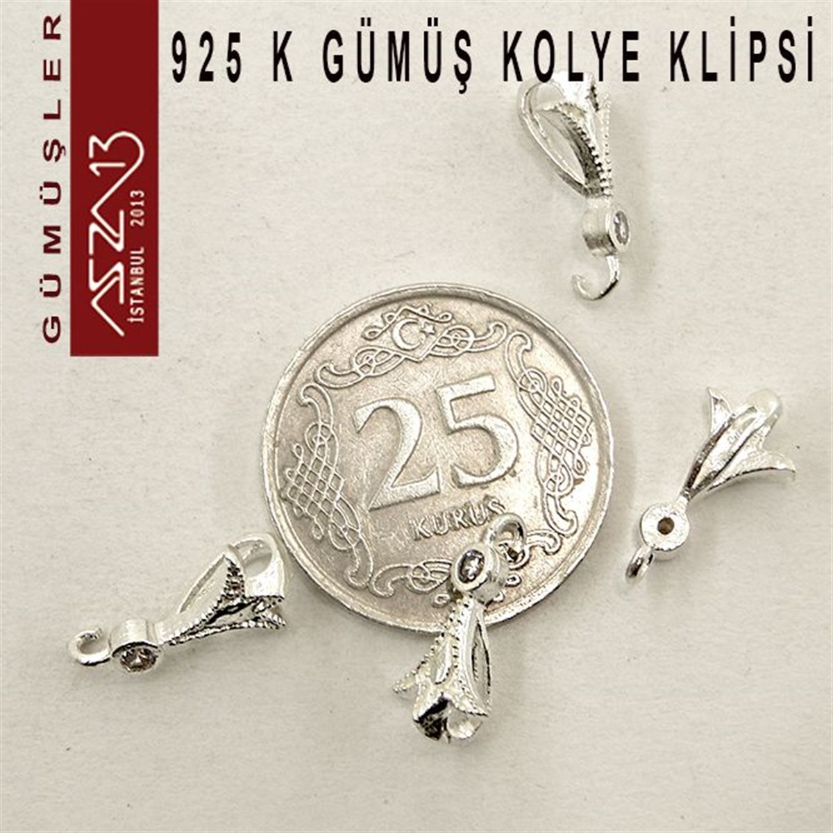 925 K Gümüş, 14x7,5 mm Zirkon Taşlı Kolye Klipsi / Paket İçeriği 4 Adet