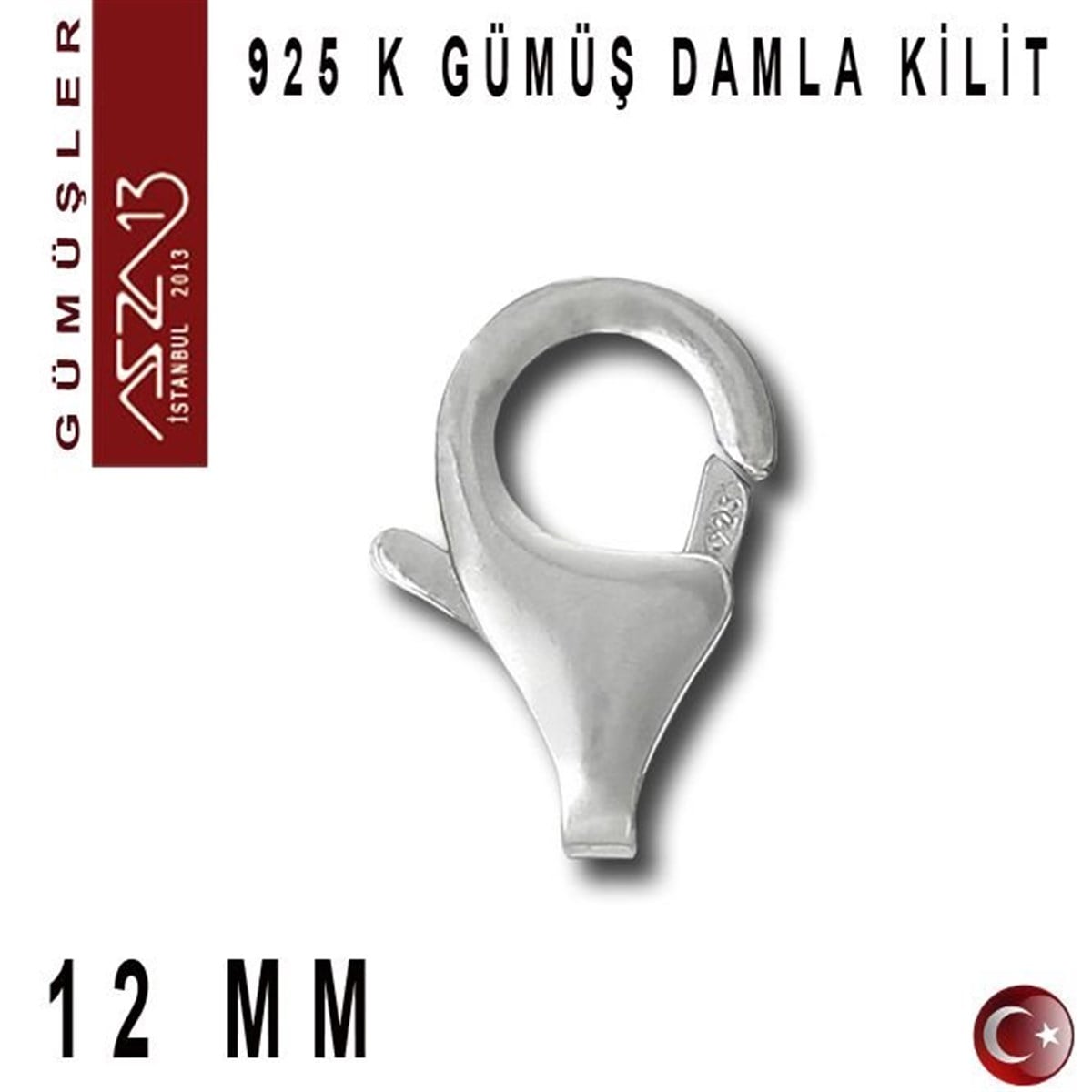 925 K Gümüş 12 mm Damla (Armut) Kilit / Paket İçeriği 1 Adet