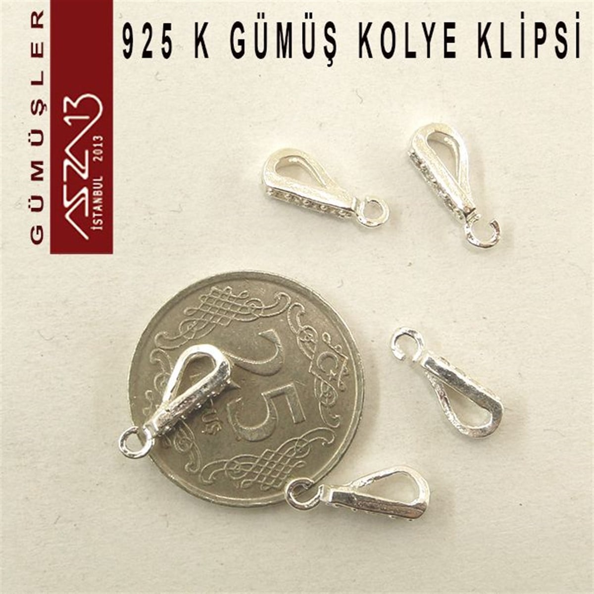 925 K Gümüş, 12x4,5 mm Zirkon Taşlı Kolye Klipsi / Paket İçeriği 5 Adet
