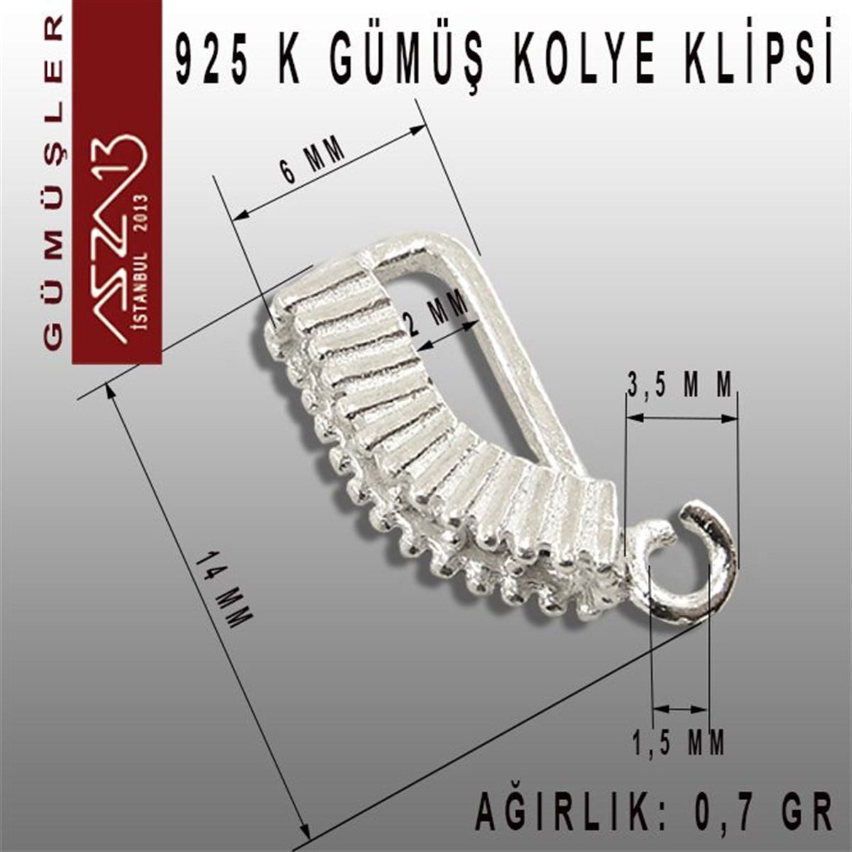 925 K Gümüş, 14x6 mm Zirkon Taşlı Kolye Klipsi / Paket İçeriği 3 Adet