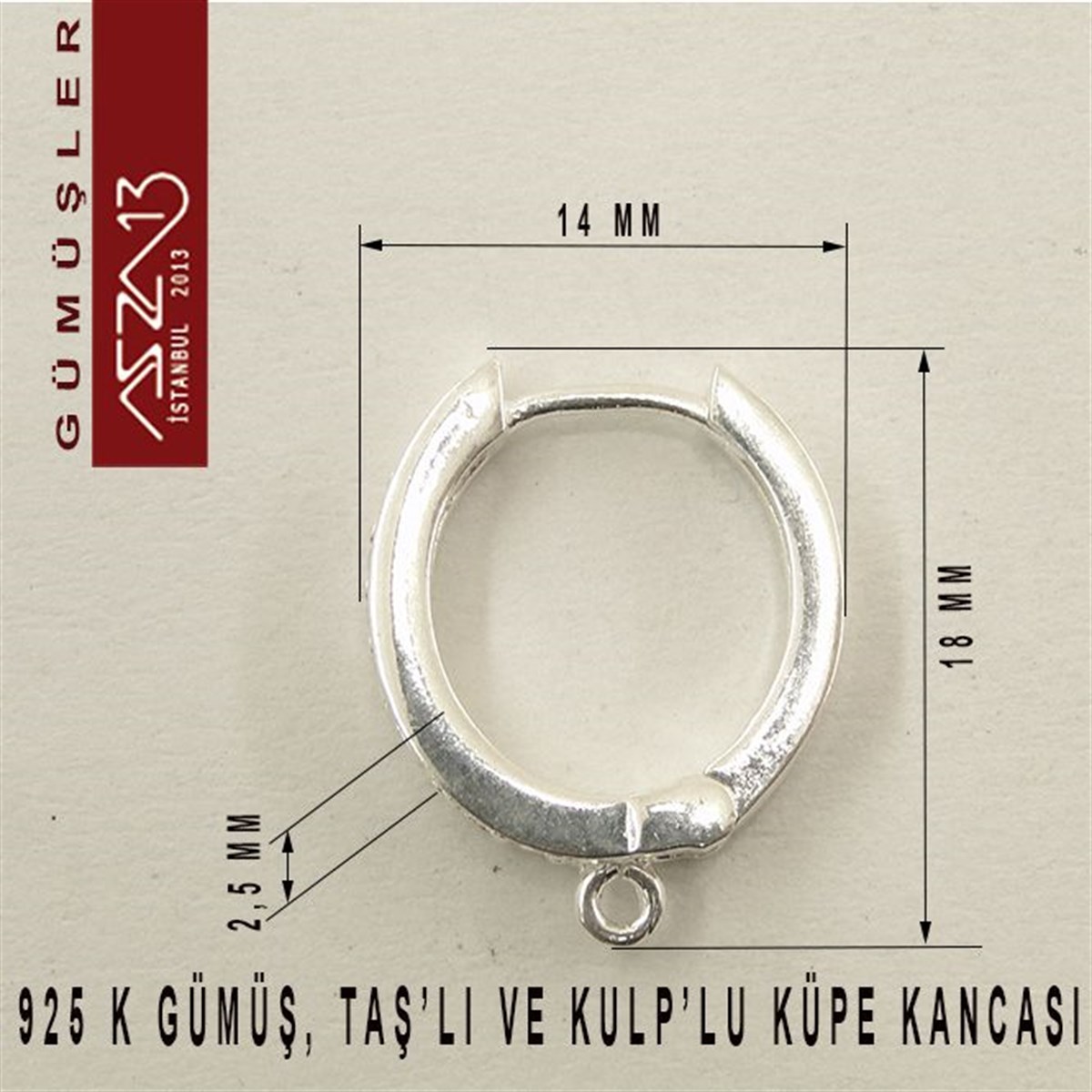 925 K Gümüş, 18x14 mm Zirkon Taşlı Halka Küpe Kancası / Paket İçeriği 1 Çift