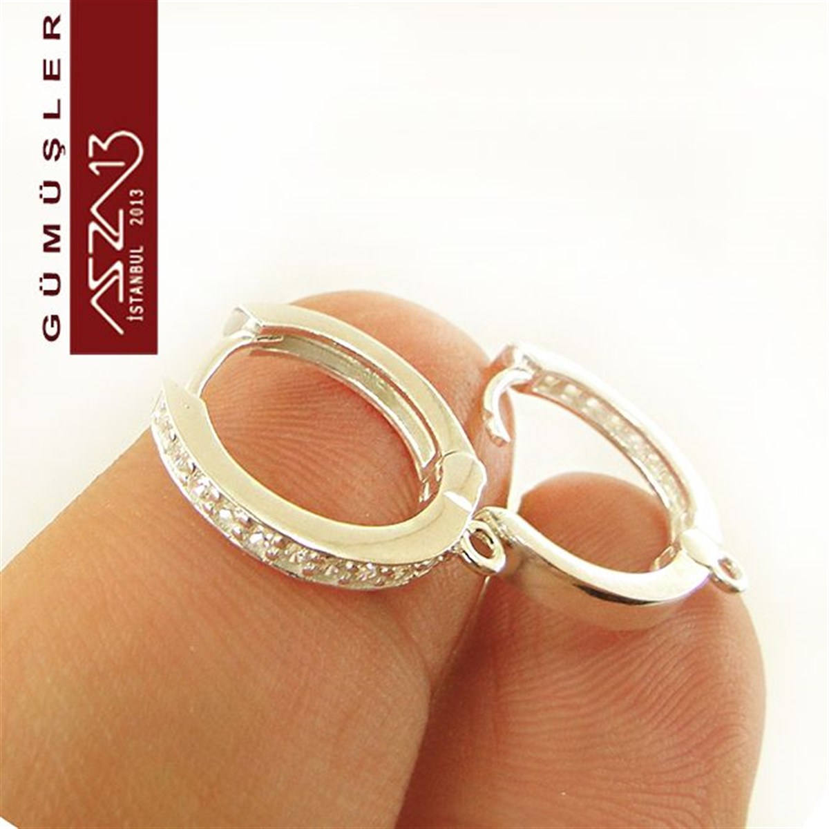 925 K Gümüş, 18x14 mm Zirkon Taşlı Halka Küpe Kancası / Paket İçeriği 1 Çift