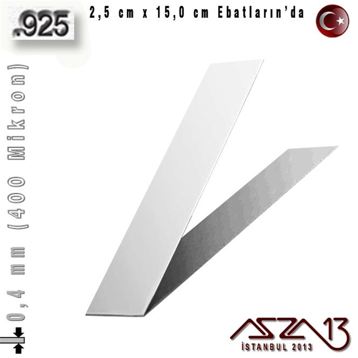 925 Ayar - 0,4 mm (400 Mikron) Kalınlıkta Gümüş Plaka - 2,5 cm / 15,0 cm Ebatlarında