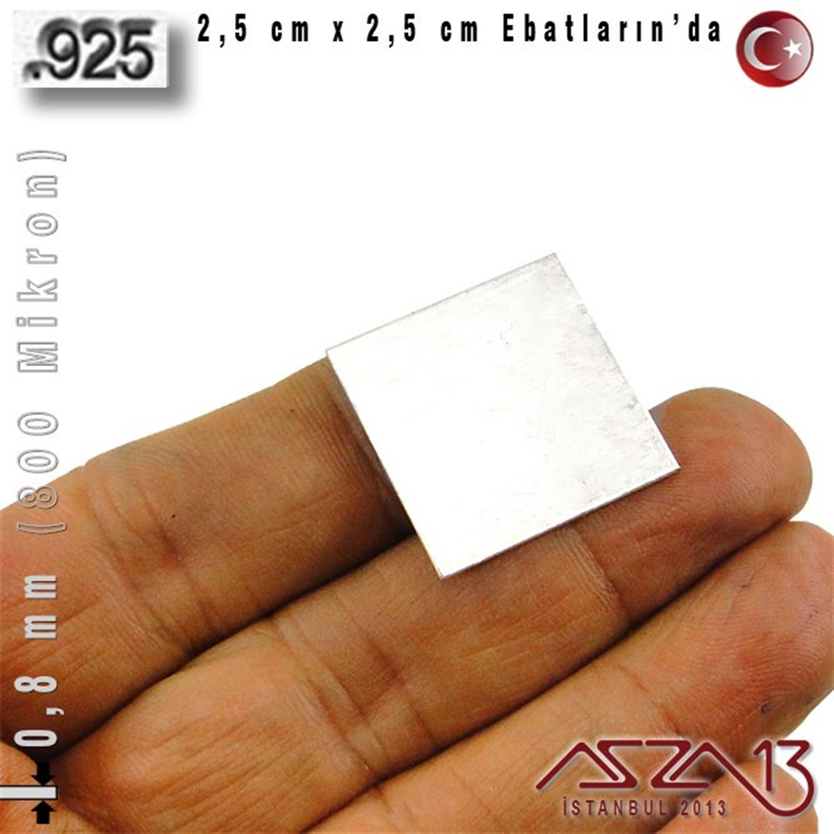 925 Ayar - 0,8 mm (800 Mikron) Kalınlıkta Gümüş Plaka - 2,5 cm / 2,5 cm Ebatlarında