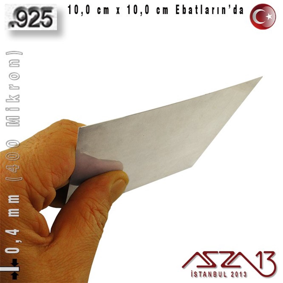925 Ayar - 0,4 mm (400 Mikron) Kalınlıkta Gümüş Plaka - 10,0 cm / 10,0 cm Ebatlarında