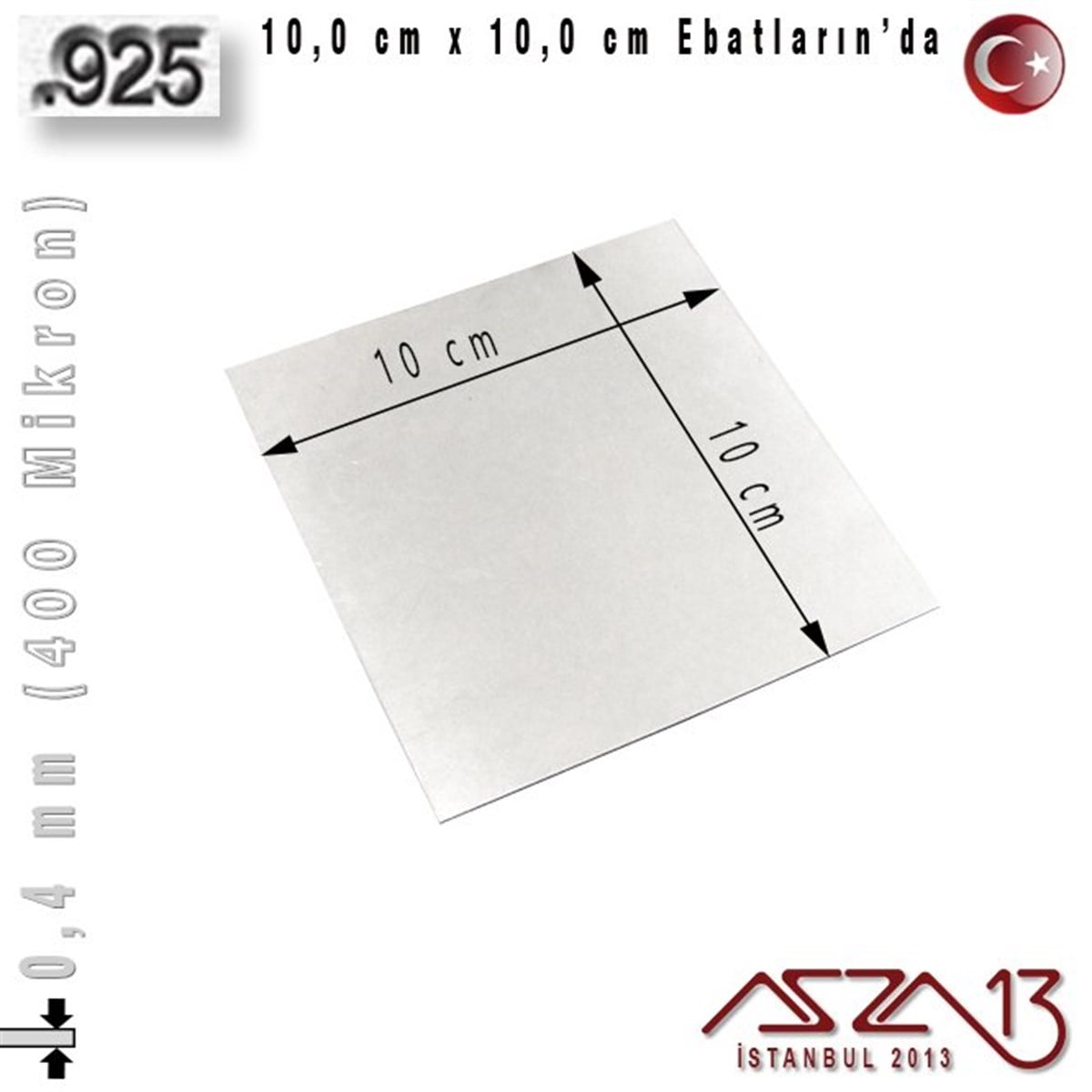 925 Ayar - 0,4 mm (400 Mikron) Kalınlıkta Gümüş Plaka - 10,0 cm / 10,0 cm Ebatlarında