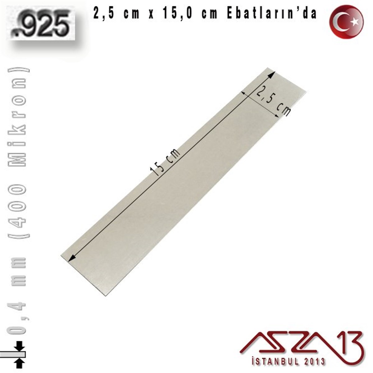 925 Ayar - 0,4 mm (400 Mikron) Kalınlıkta Gümüş Plaka - 2,5 cm / 15,0 cm Ebatlarında