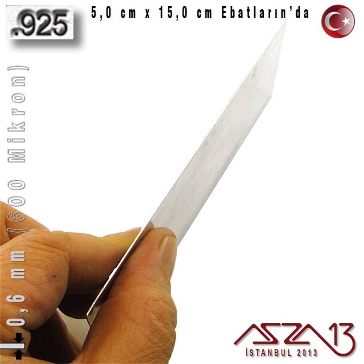 925 Ayar - 0,6 mm (600 Mikron) Kalınlıkta Gümüş Plaka - 5,0 cm / 15,0 cm Ebatlarında