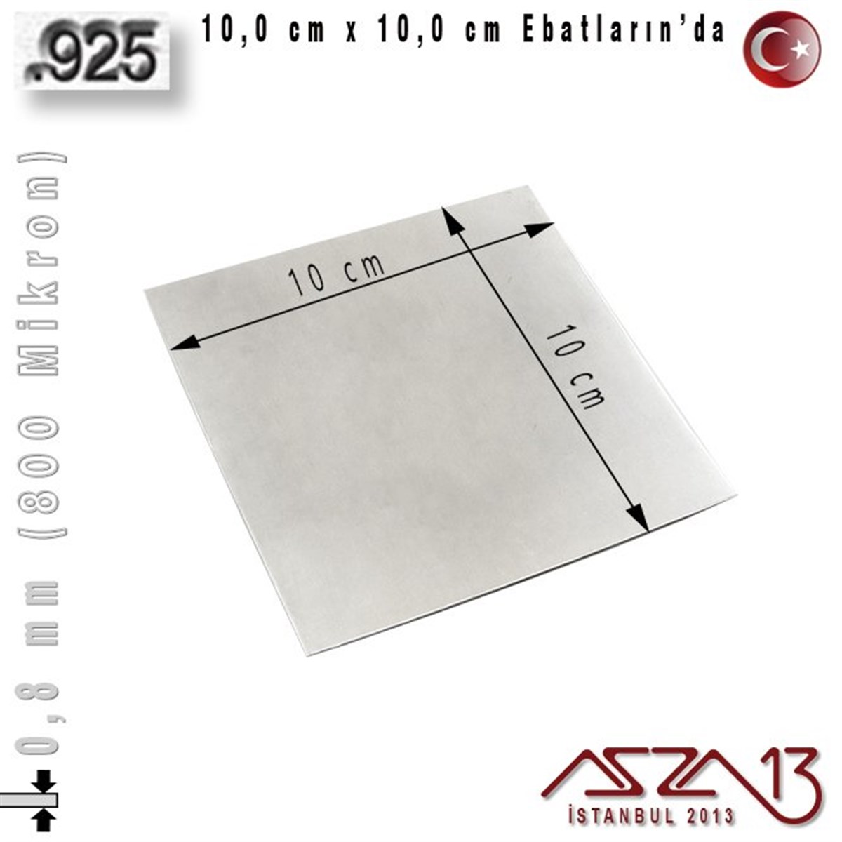 925 Ayar - 0,8 mm (800 Mikron) Kalınlıkta Gümüş Plaka - 10,0 cm / 10,0 cm Ebatlarında
