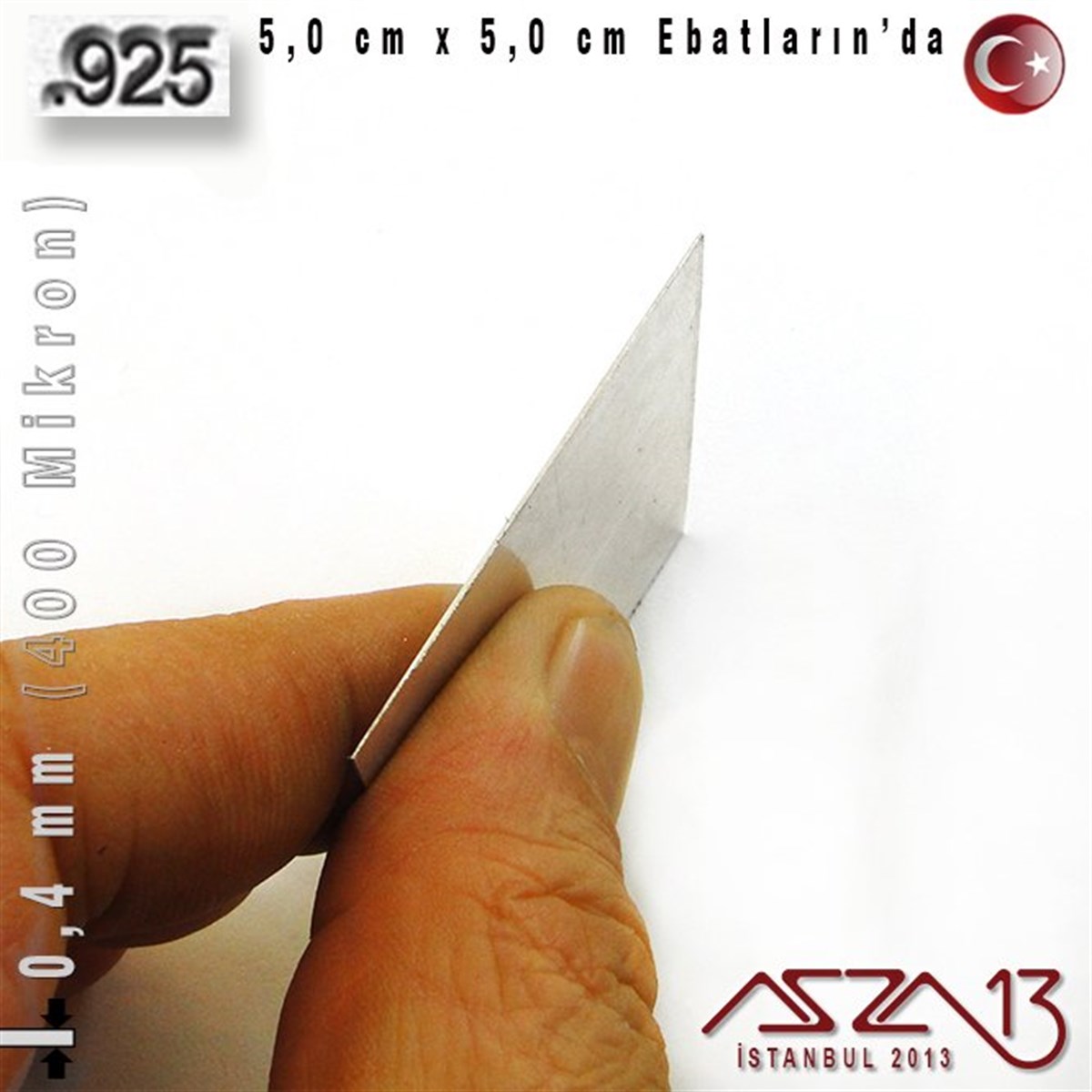 925 Ayar - 0,4 mm (400 Mikron) Kalınlıkta Gümüş Plaka - 5,0 cm / 5,0 cm Ebatlarında
