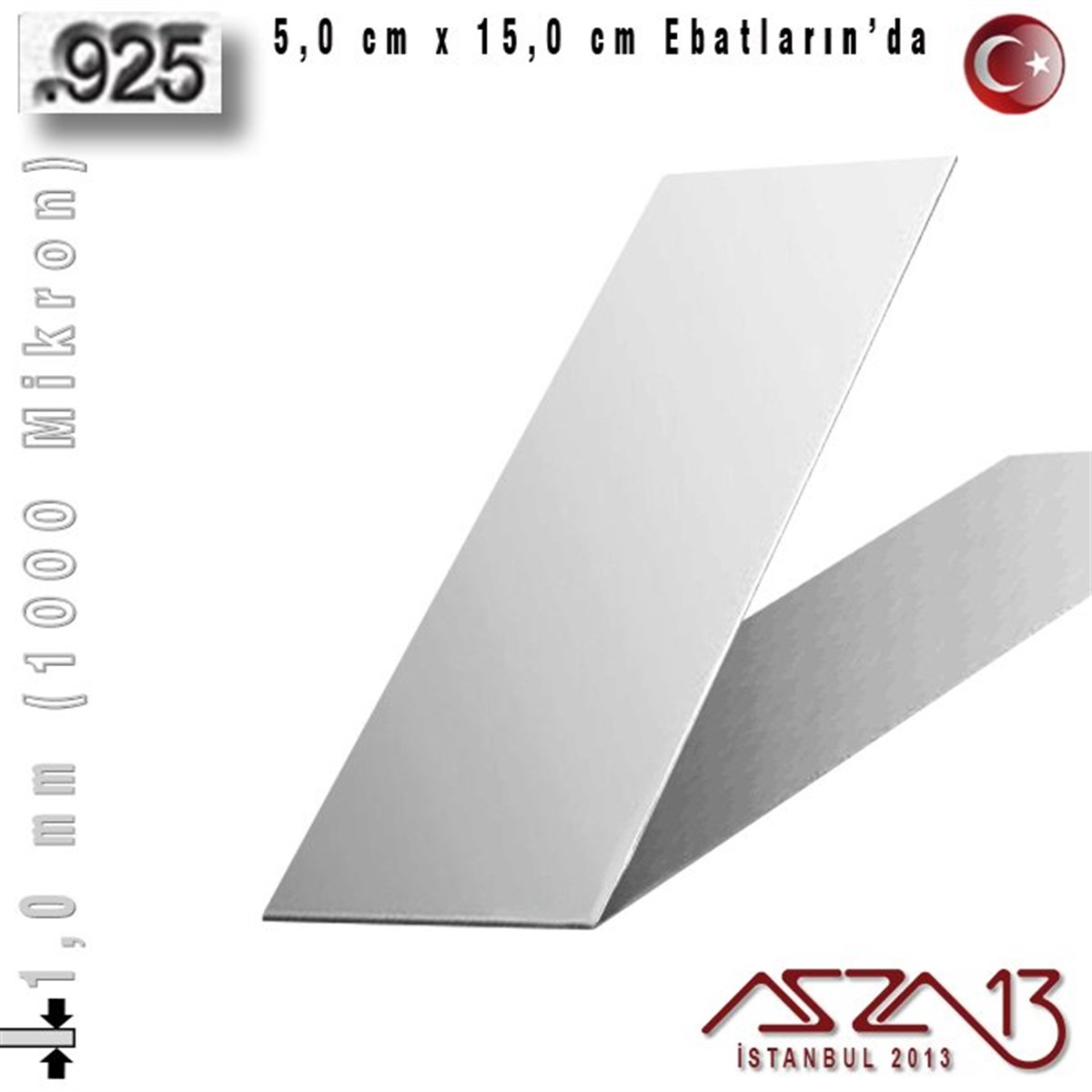 925 Ayar - 1,0 mm (1000 Mikron) Kalınlıkta Gümüş Plaka - 5,0 cm / 15,0 cm Ebatlarında