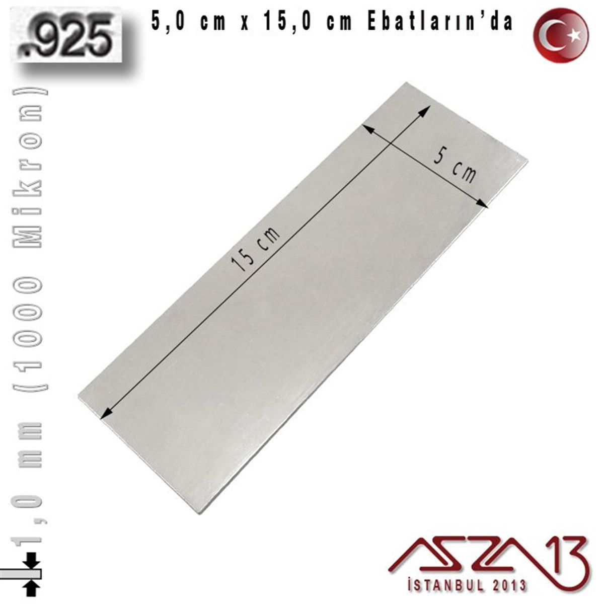 925 Ayar - 1,0 mm (1000 Mikron) Kalınlıkta Gümüş Plaka - 5,0 cm / 15,0 cm Ebatlarında