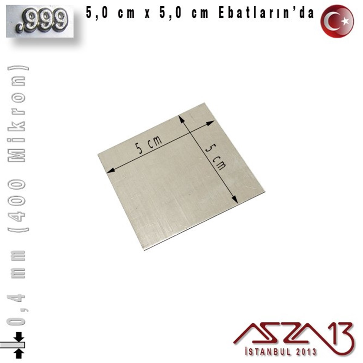 999 Ayar - 0,4 mm (400 Mikron) Kalınlıkta Gümüş Plaka - 5,0 cm / 5,0 cm Ebatlarında