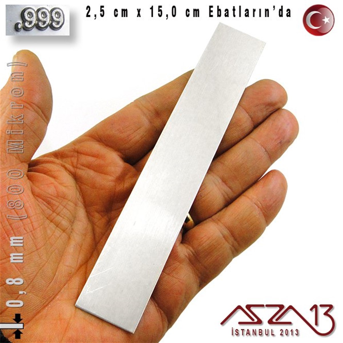 999 Ayar - 0,8 mm (800 Mikron) Kalınlıkta Gümüş Plaka - 2,5 cm / 15,0 cm Ebatlarında