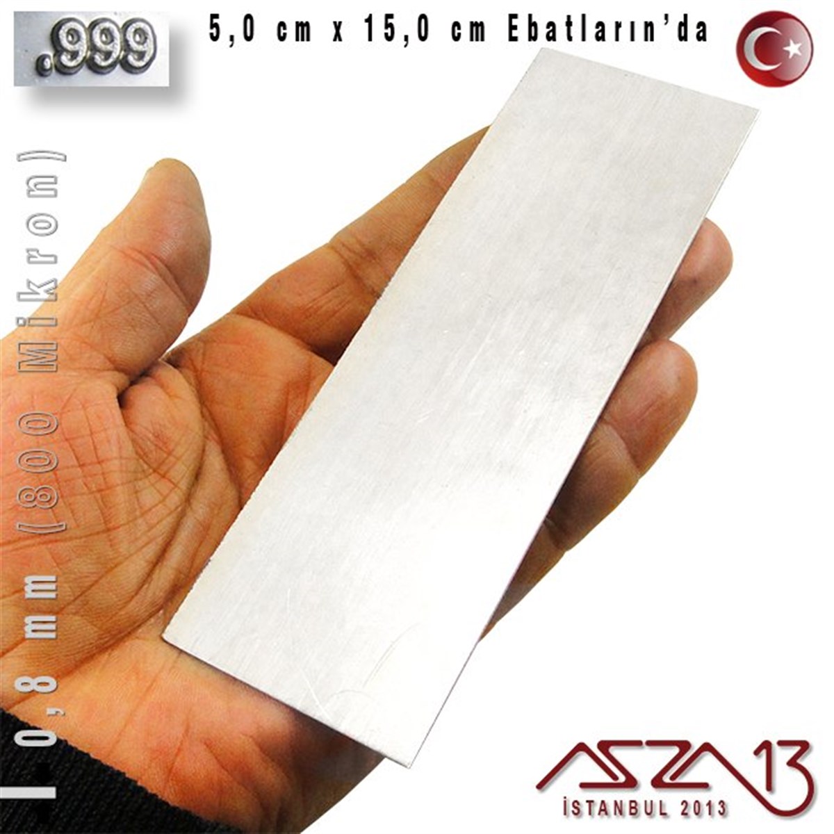 999 Ayar - 0,8 mm (800 Mikron) Kalınlıkta Gümüş Plaka - 5,0 cm / 15,0 cm Ebatlarında