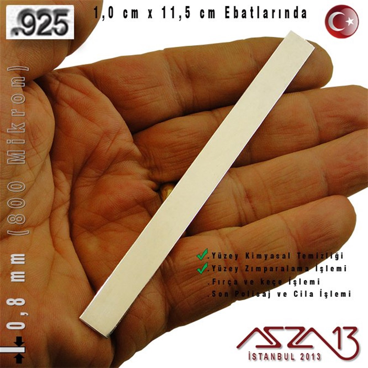 925 Ayar - 0,8 mm (800 Mikron) Kalınlıkta Gümüş Şerit - 1,0 cm x 11,5 cm / Künye Yapımı İçin