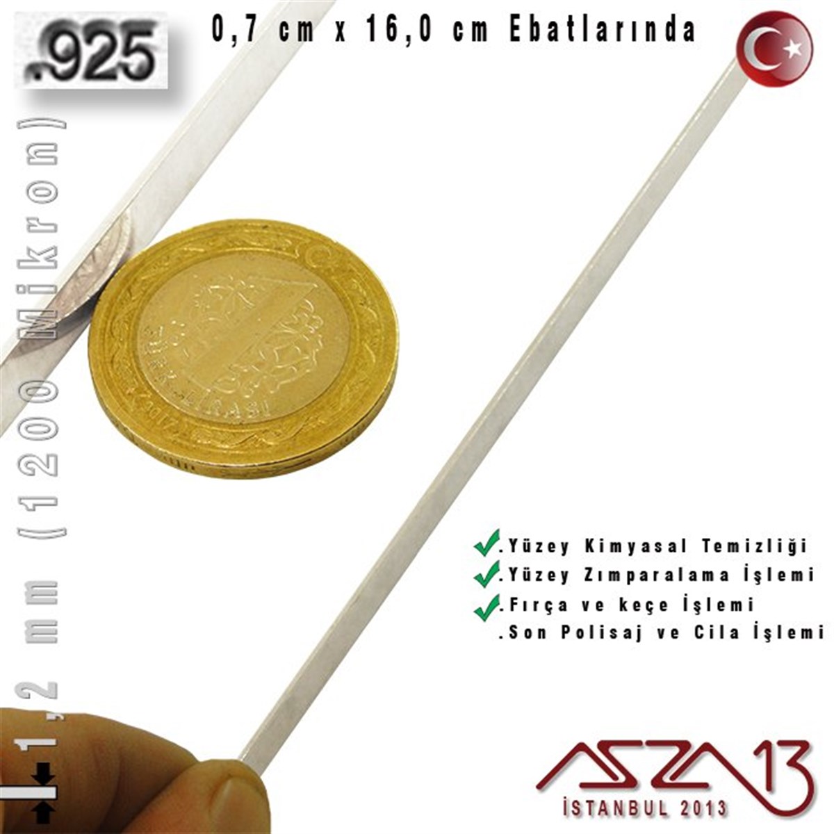 925 Ayar - 1,2 mm (1200 Mikron) Kalınlıkta Gümüş Şerit - 0,7 cm x 16,0 cm / Bileklik Yapımı İçin