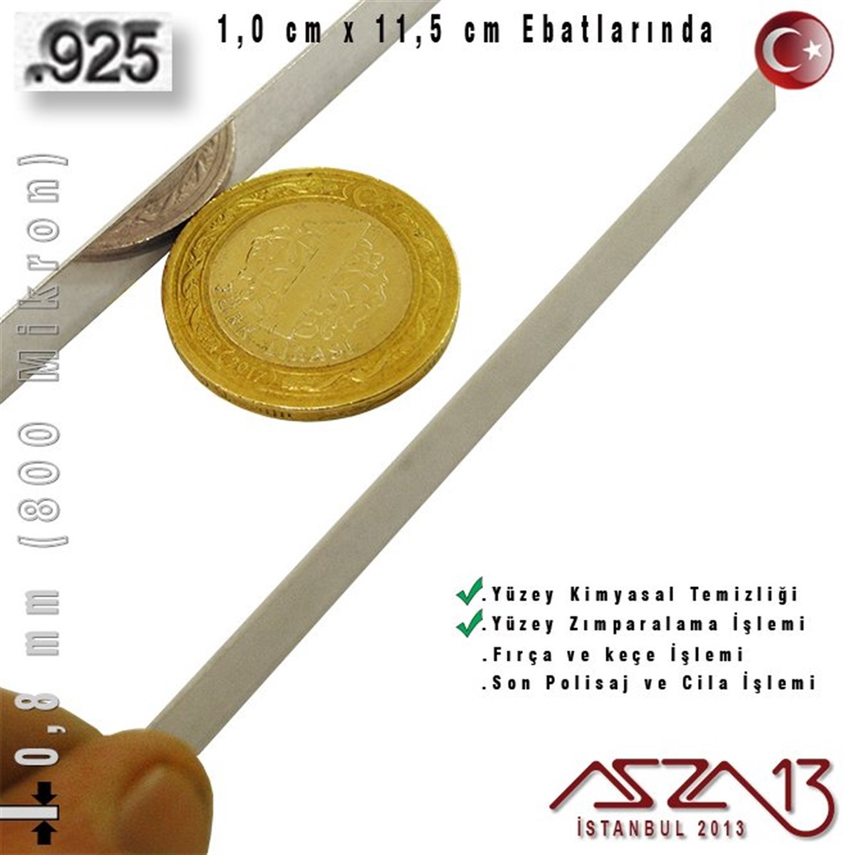 925 Ayar - 0,8 mm (800 Mikron) Kalınlıkta Gümüş Şerit - 1,0 cm x 11,5 cm / Künye Yapımı İçin