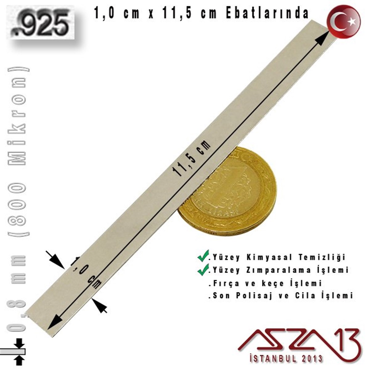 925 Ayar - 0,8 mm (800 Mikron) Kalınlıkta Gümüş Şerit - 1,0 cm x 11,5 cm / Künye Yapımı İçin