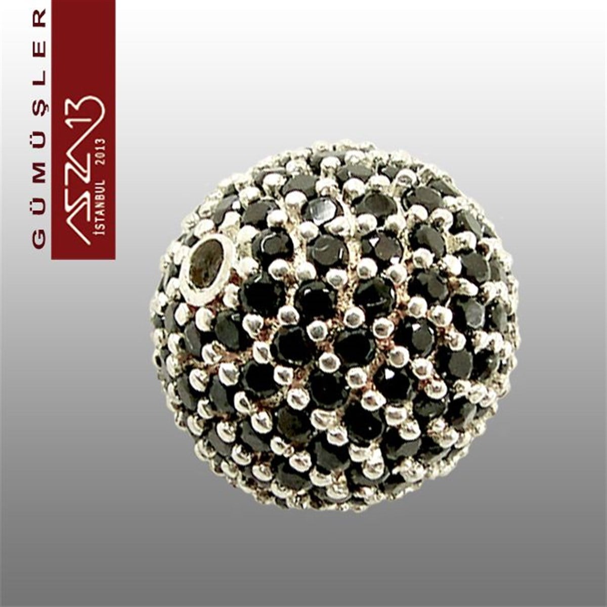 925 K Gümüş Jet Taşlı, 12 mm Top Boncuk / Paket İçeriği 1 Adet