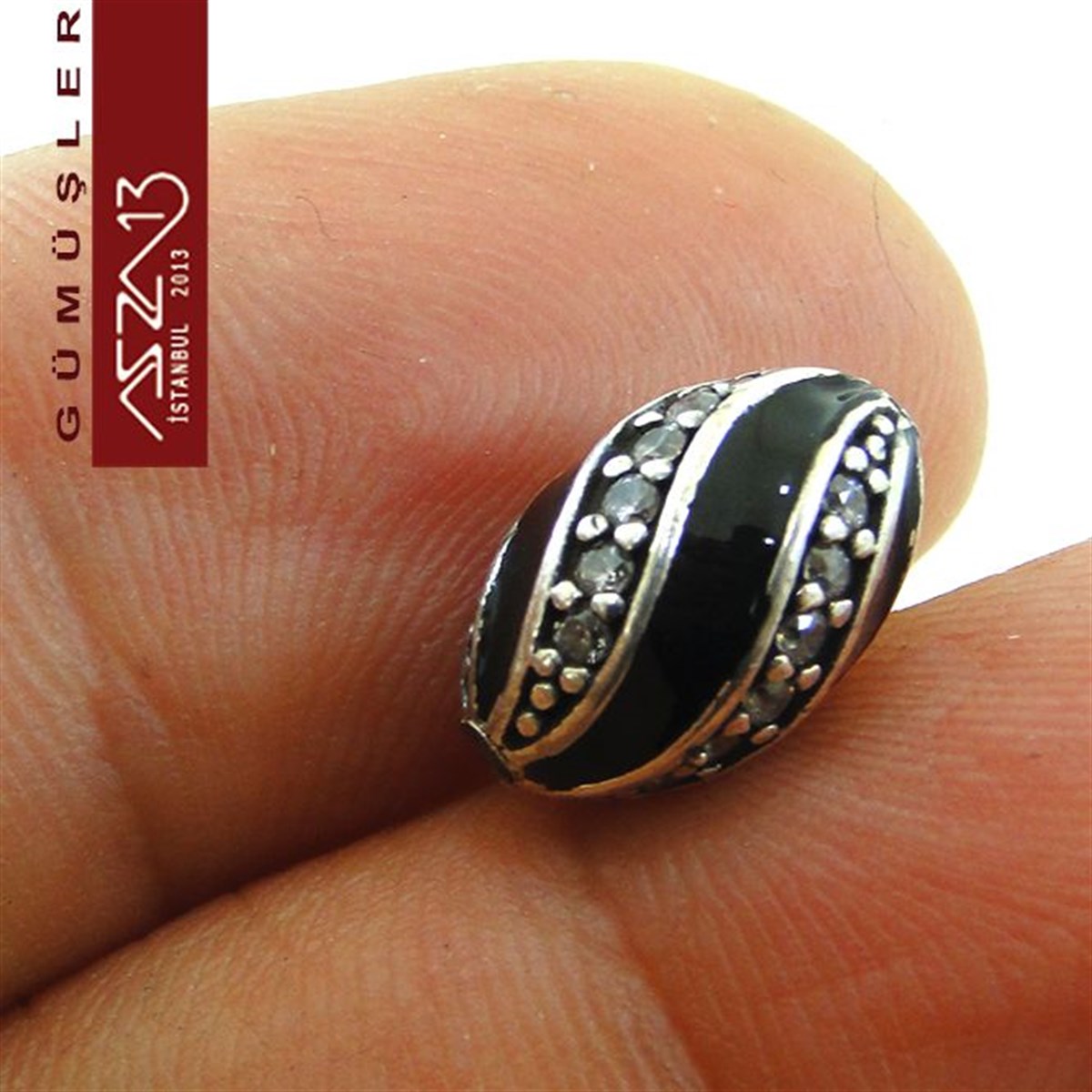 925 K Gümüş Kristal Taşlı, Siyah Mineli Oval 9x13 mm Tespih Boncuk / Paket İçeriği 1 Adet
