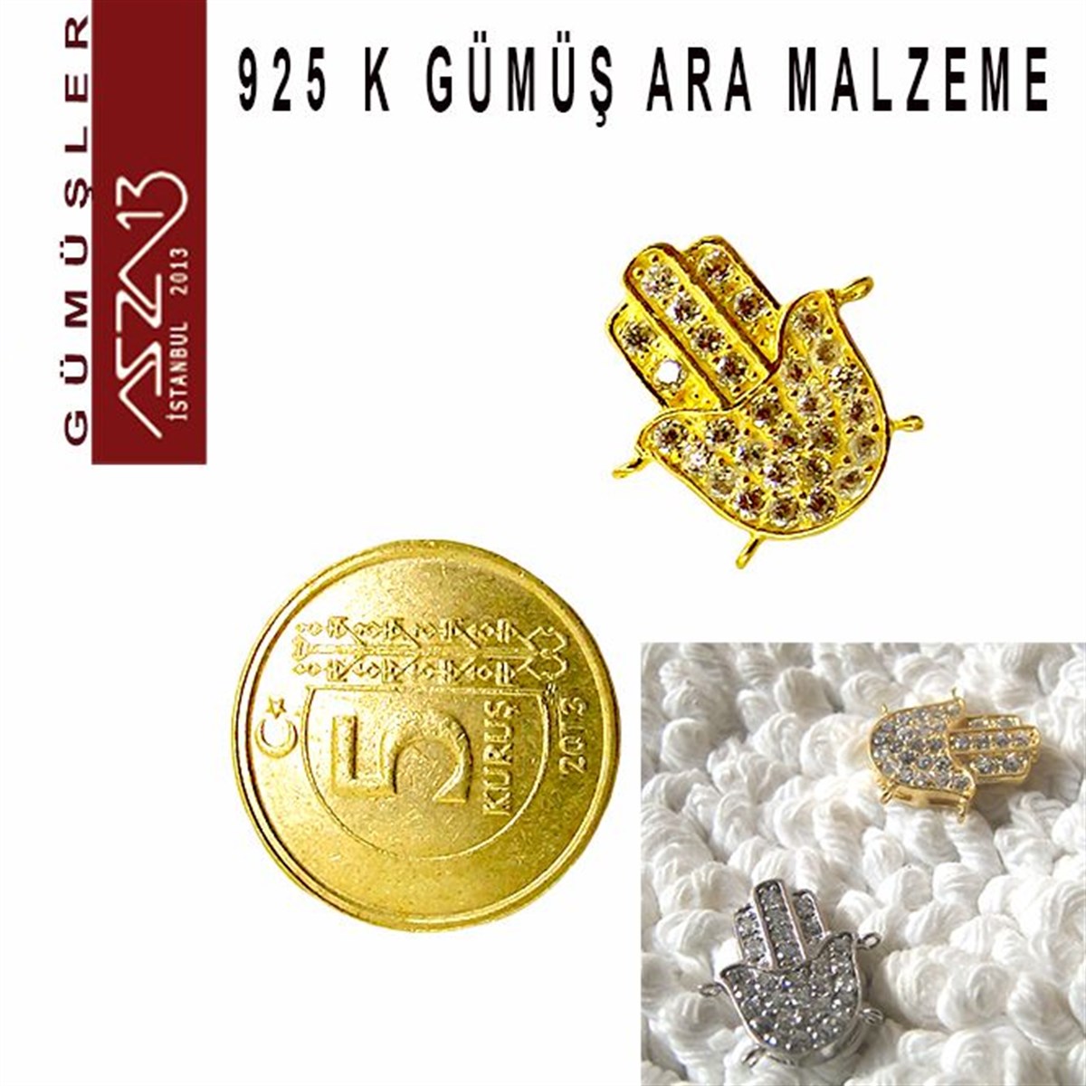 925 K Gümüş, Altın Kaplama Fatmanın Eli,Taşlı Ara Malzeme / Paket İçeriği 1 Adet