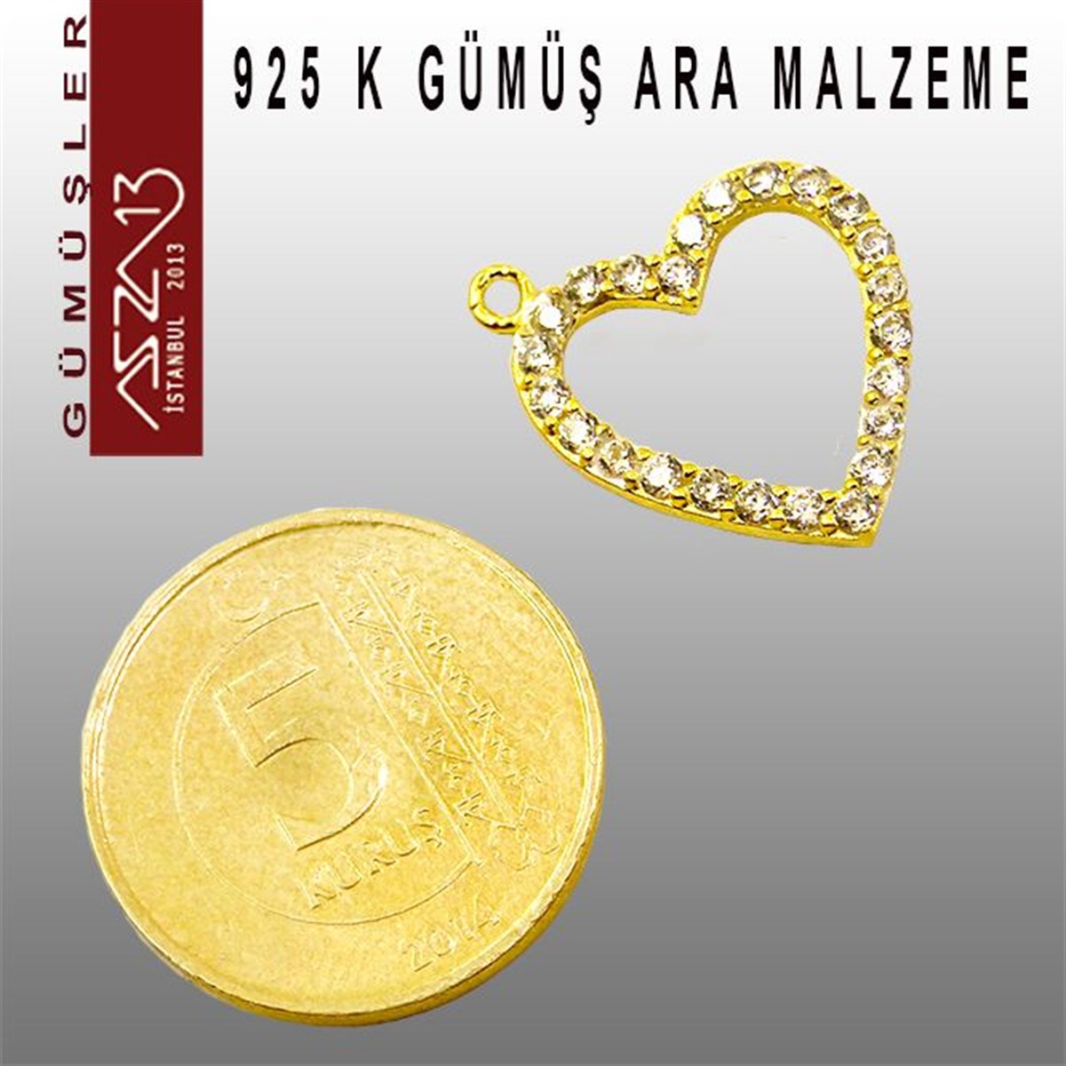 925 K Gümüş, Altın Kaplama Kalp,Taşlı Ara Malzeme / Paket İçeriği 1 Adet