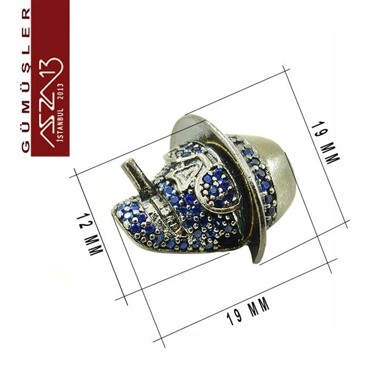 925 K Gümüş Kristal Taşlı, Siyah Rodajlı 19x19/12 mm Şapkalı ve Pipolu Kurukafa Boncuk / Paket İçeriği 1 Adet