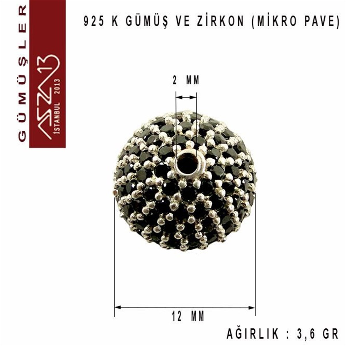 925 K Gümüş Jet Taşlı, 12 mm Top Boncuk / Paket İçeriği 1 Adet