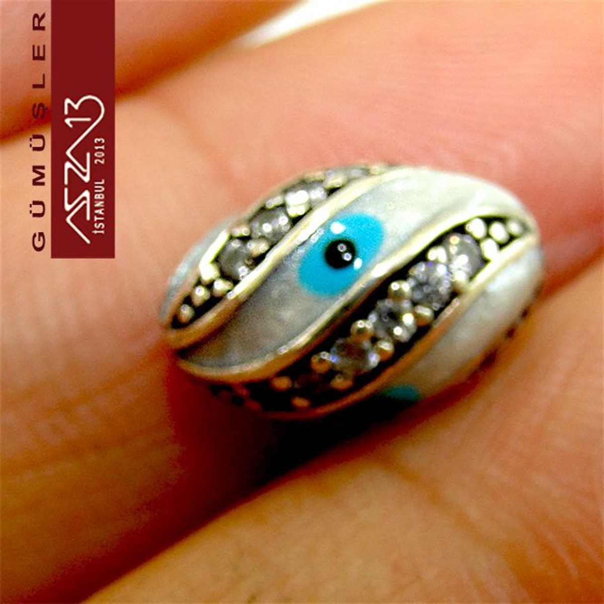 925 K Gümüş Kristal Taşlı, Beyaz Nazar Mineli Oval 9x13 mm Tespih Boncuk / Paket İçeriği 1 Adet