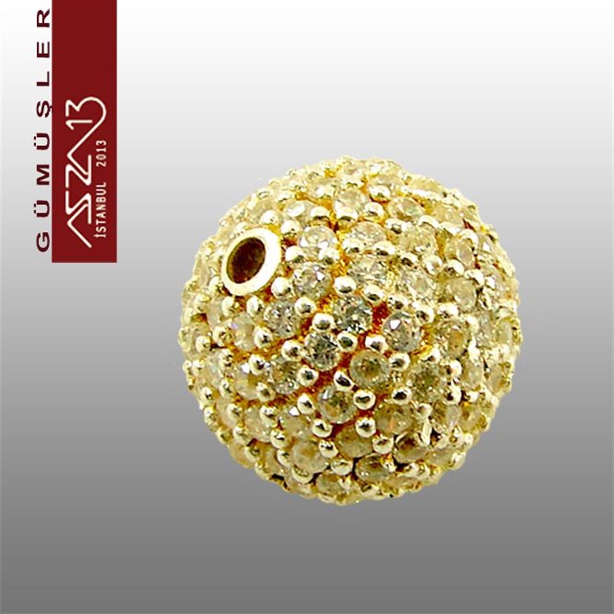 925 K Gümüş Kristal Taşlı, Altın Kaplamalı 12 mm Top Boncuk / Paket İçeriği 1 Adet