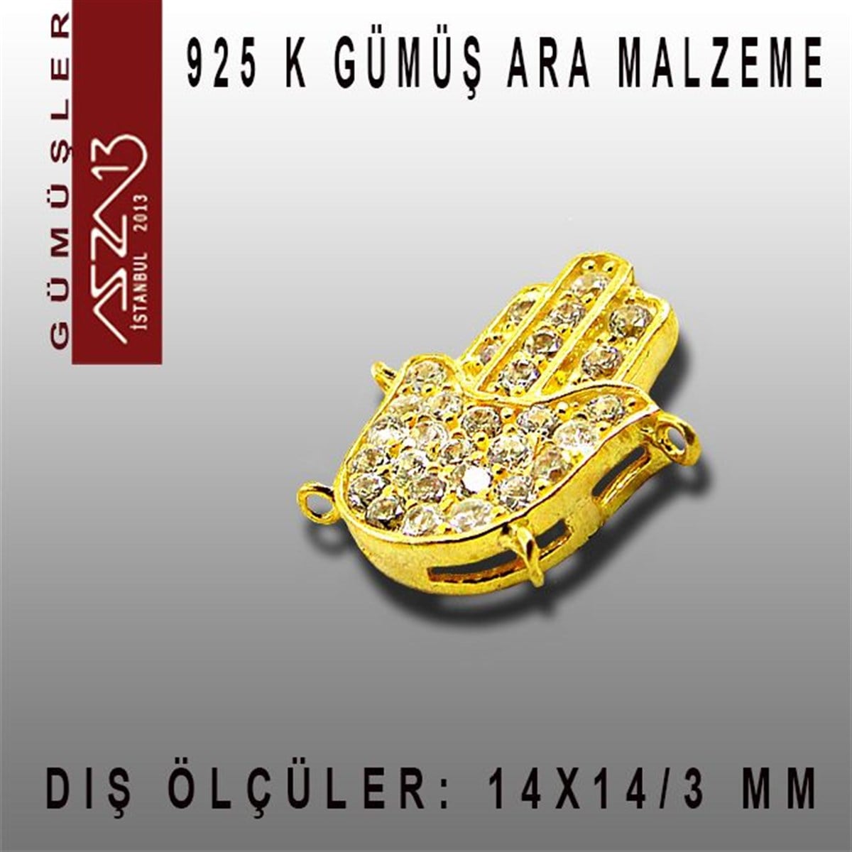 925 K Gümüş, Altın Kaplama Fatmanın Eli,Taşlı Ara Malzeme / Paket İçeriği 1 Adet