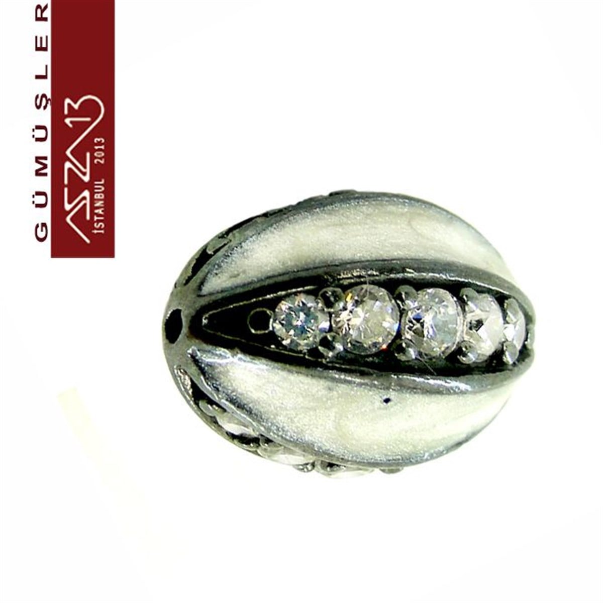 925 K Gümüş Kristal Taşlı, Beyaz Mineli Oval 9x13 mm Tespih Boncuk / Paket İçeriği 1 Adet