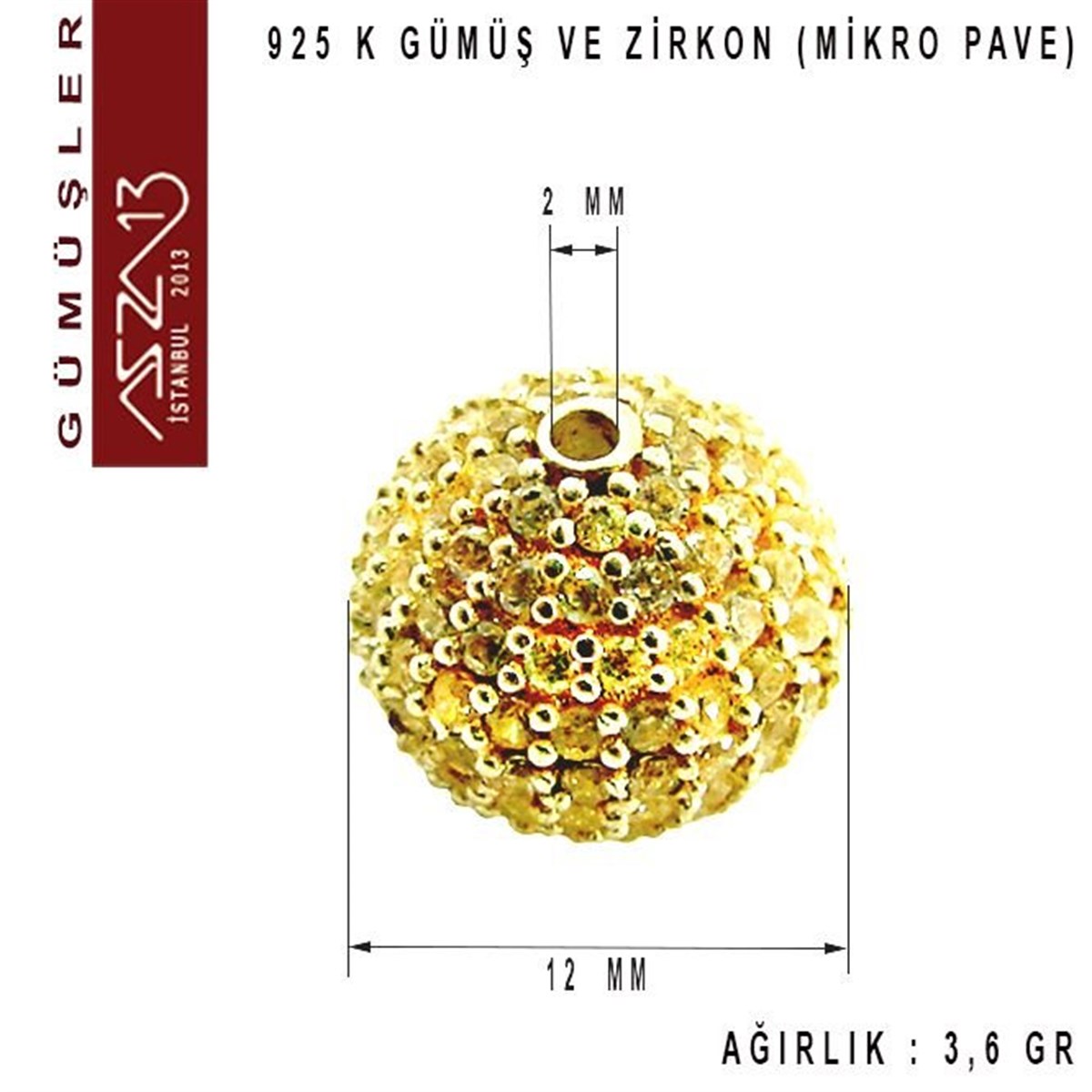 925 K Gümüş Kristal Taşlı, Altın Kaplamalı 12 mm Top Boncuk / Paket İçeriği 1 Adet