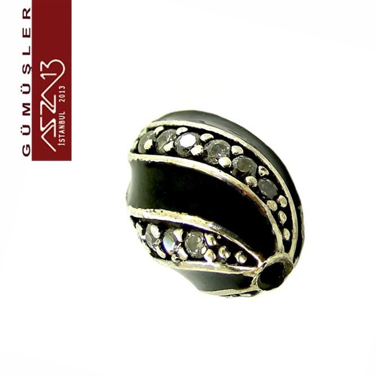 925 K Gümüş Kristal Taşlı, Siyah Mineli Oval 9x13 mm Tespih Boncuk / Paket İçeriği 1 Adet
