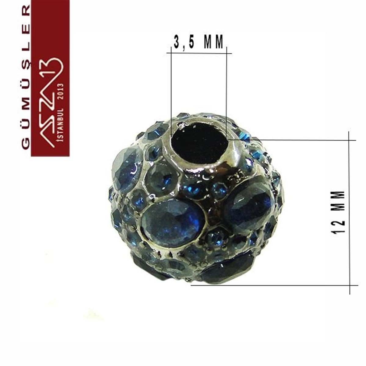 925 K Gümüş Safir Kristal Taşlı, Siyah Rodajlı, 12 mm Yuvarlak Boncuk / Paket İçeriği 1 Adet