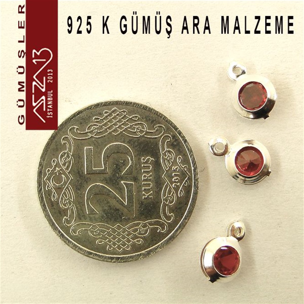 925 K Gümüş, Yuvarlak, Siam Zirkon Taşlı, Tek Kulplu Ara Malzeme / Paket İçeriği 3 Adet