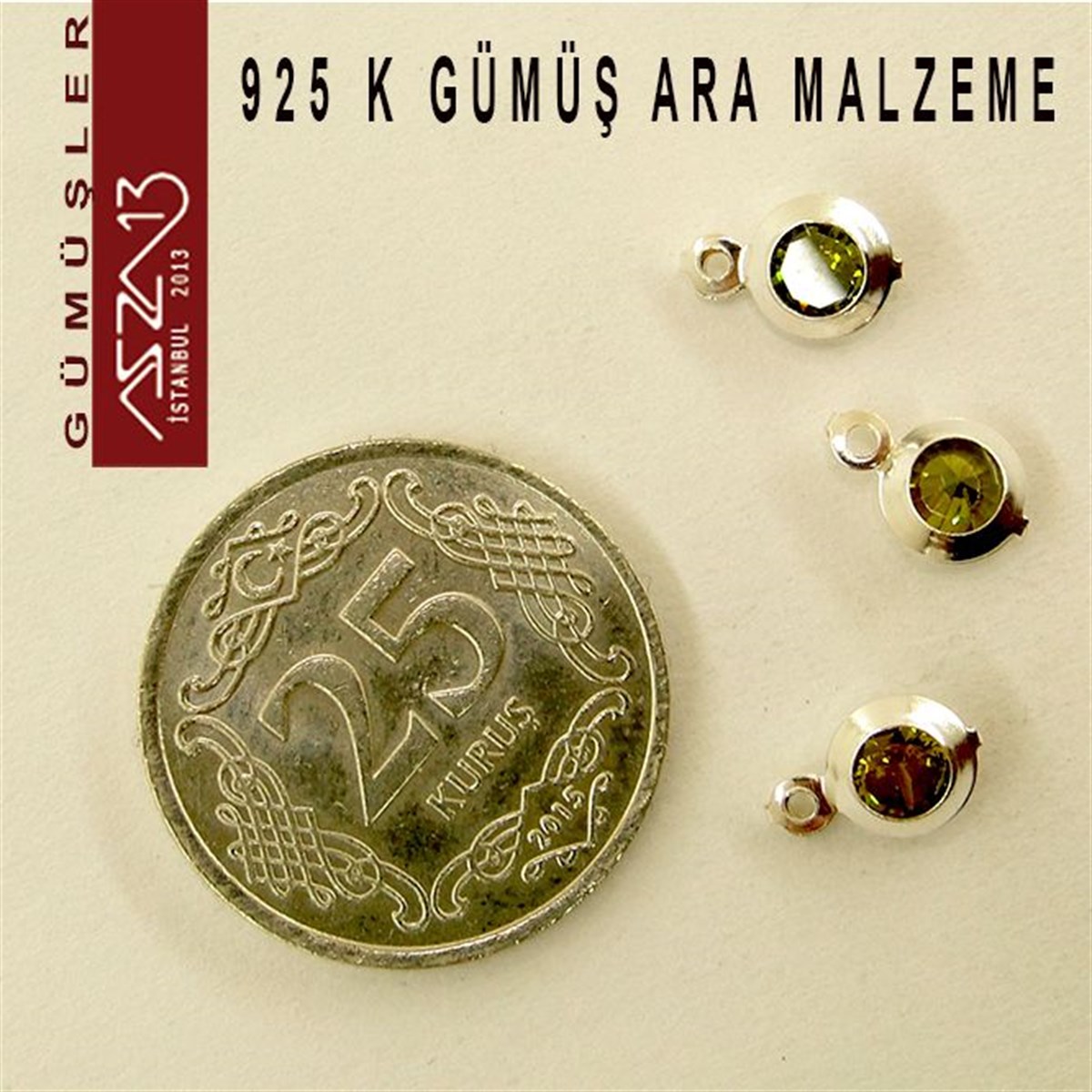 925 K Gümüş, Yuvarlak, Olive Zirkon Taşlı, Tek Kulplu Ara Malzeme / Paket İçeriği 3 Adet