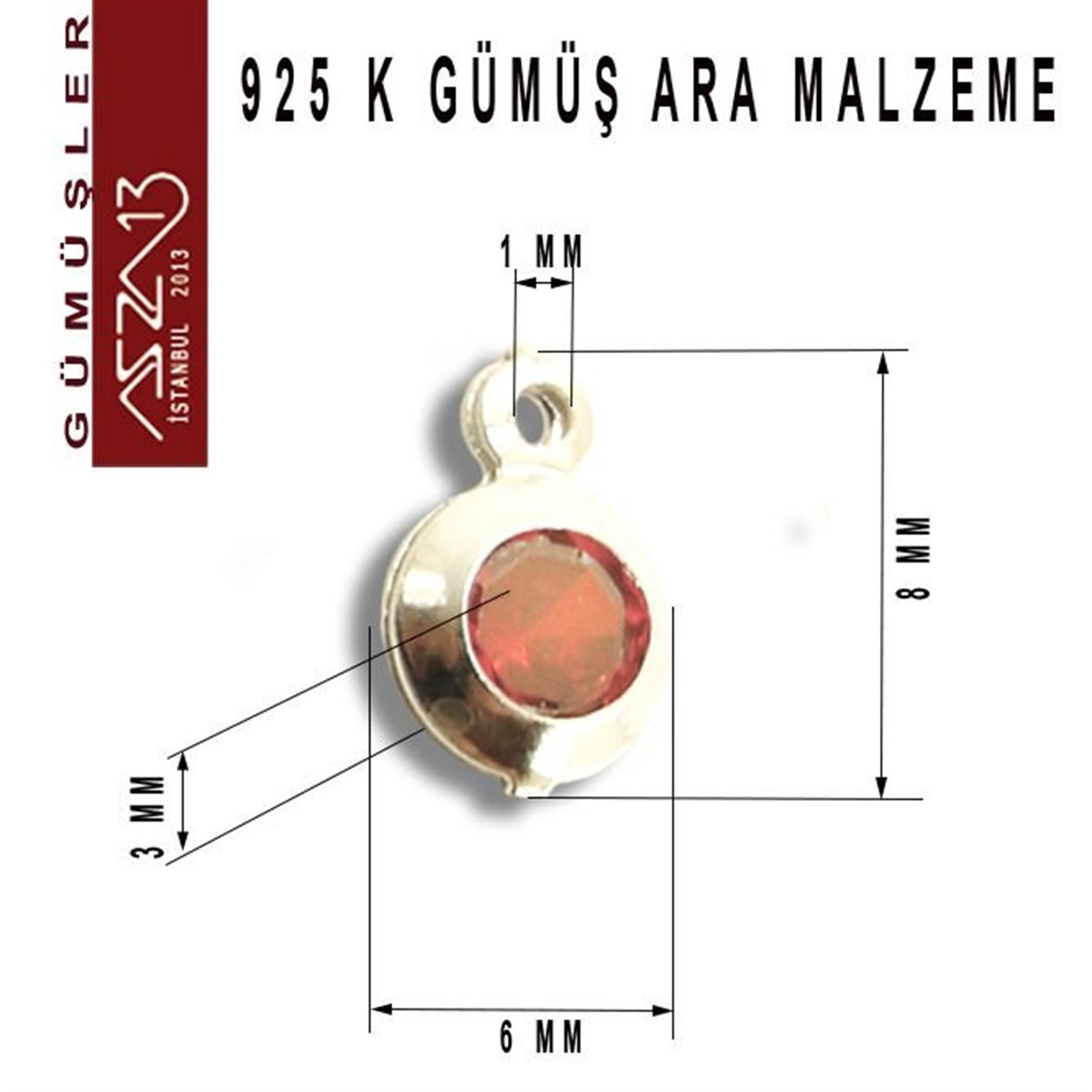 925 K Gümüş, Yuvarlak, Siam Zirkon Taşlı, Tek Kulplu Ara Malzeme / Paket İçeriği 3 Adet