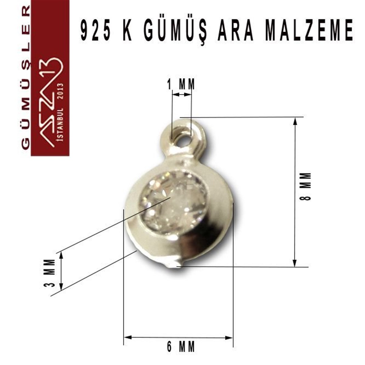 925 K Gümüş, Yuvarlak, Crystal Zirkon Taşlı, Tek Kulplu Ara Malzeme / Paket İçeriği 3 Adet