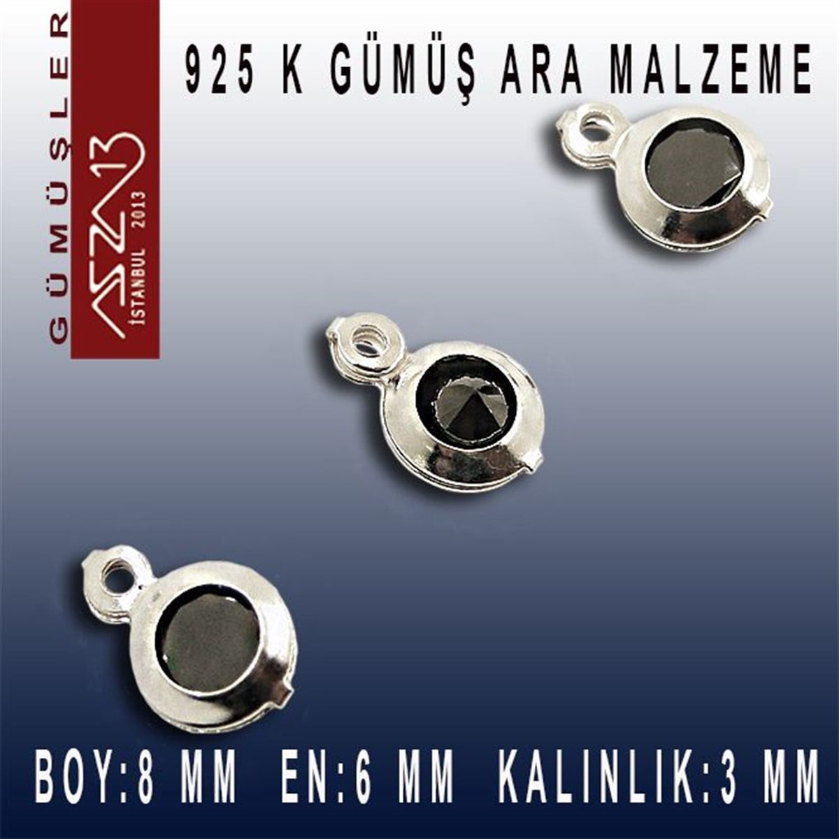 925 K Gümüş, Yuvarlak, Jet Zirkon Taşlı, Tek Kulplu Ara Malzeme / Paket İçeriği 3 Adet