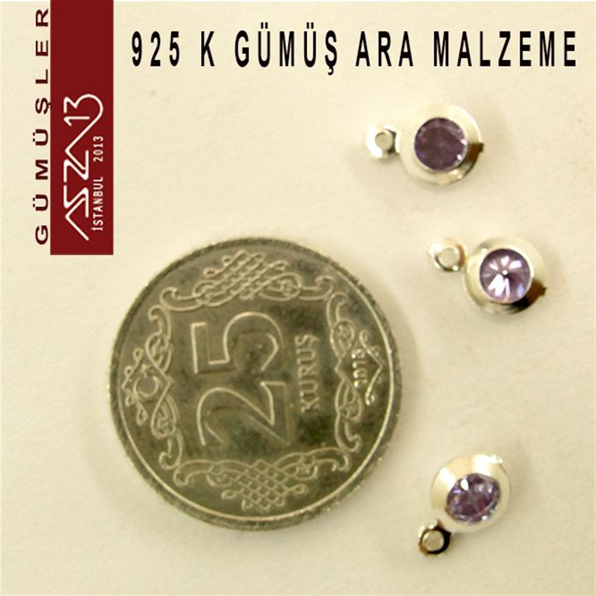 925 K Gümüş, Yuvarlak, Amethyst Zirkon Taşlı, Tek Kulplu Ara Malzeme / Paket İçeriği 3 Adet