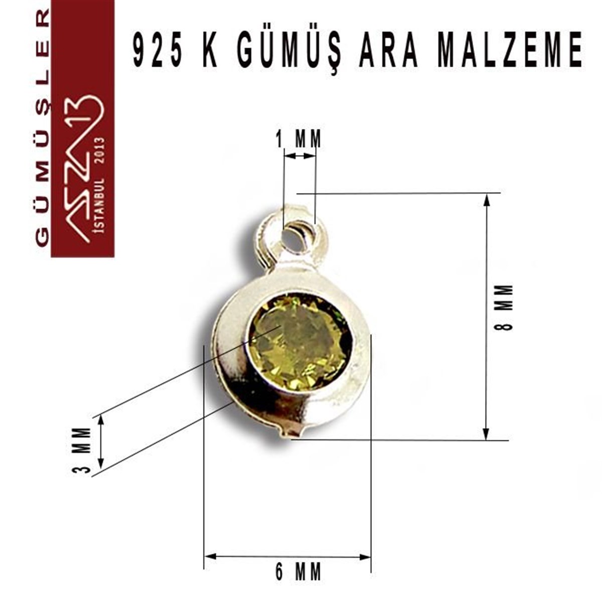 925 K Gümüş, Yuvarlak, Olive Zirkon Taşlı, Tek Kulplu Ara Malzeme / Paket İçeriği 3 Adet