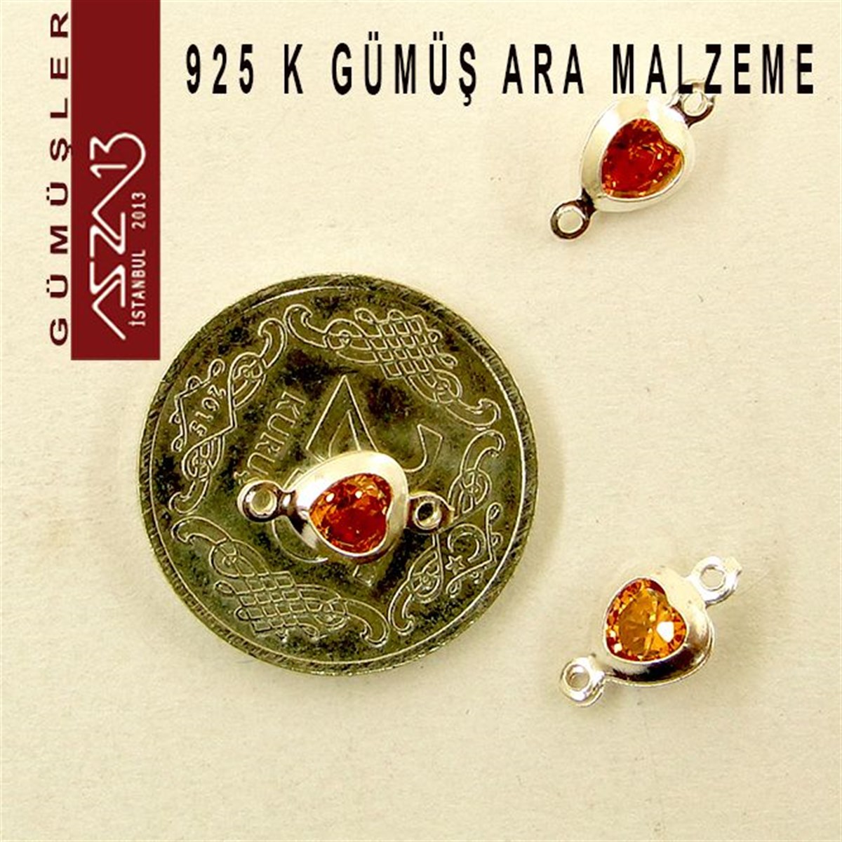 925 K Gümüş, Kalp, Magma Zirkon Taşlı, Çift Kulplu Ara Malzeme / Paket İçeriği 3 Adet